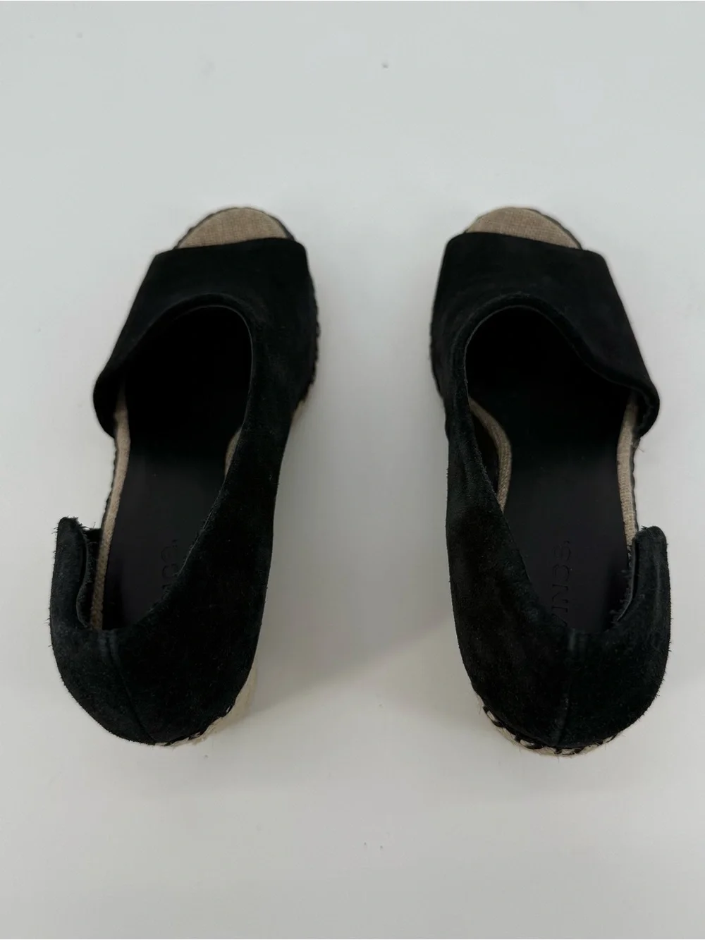 Vince Black Espadrille Wedges Suede Peep Toe Size 7.5M Designer Sonora Cutout